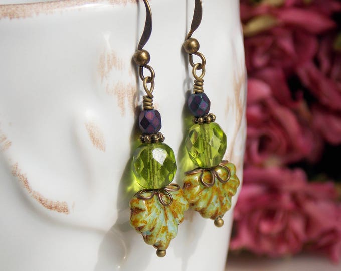 Leaf Earrings Czech Glass Earrings Maple Leaf Earrings Picasso Green Purple Czech Glass Jewelry Earthy Woodland Autumn Gift Earrings