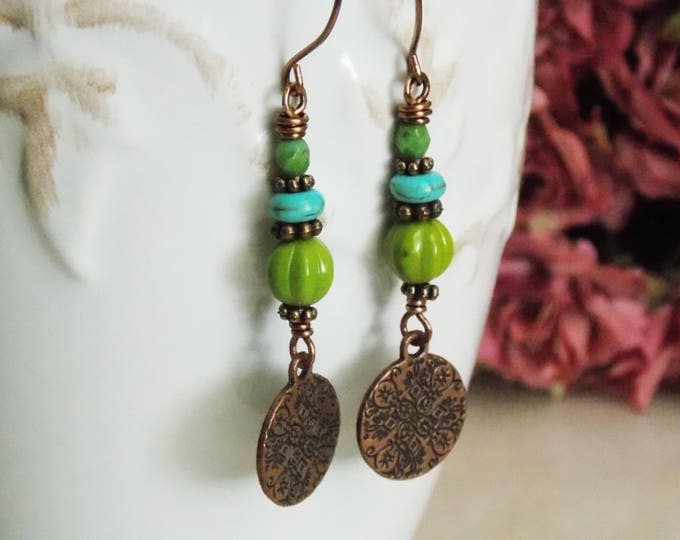 Copper Dangle Charm Earrings Turquoise Blue Green Czech Glass Bead Earrings Long Rustic Oxidized Copper Boho Earthy Woodland Jewelry Gift