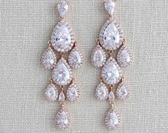 Rose Gold Chandelier earrings, Rose Gold Bridal earrings, Wedding earrings, Crystal earrings, Bridal jewelry, Long Bridal earrings