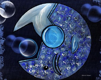 Fish Art, Monochromatic Blue, Mixed Media Painting, Home Decor, Aquatic Nautical, Underwater Fantasy, Giclee Print, Wall Hanging, 11 x 14