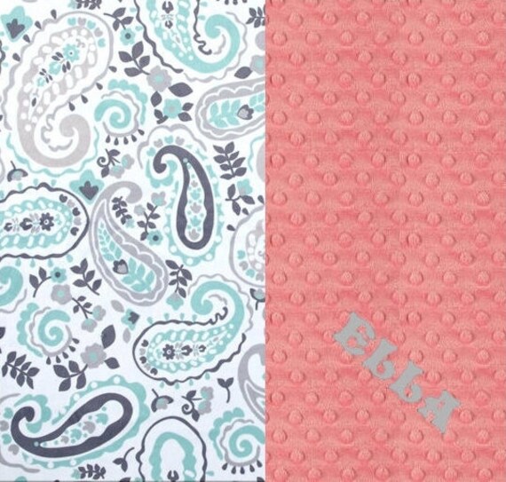 Personalized Baby Blanket / 42 x 55 Minky Blanket Girl, Paisley Blanket / Crib Blanket // Mint Coral Baby Blanket / Baby Shower