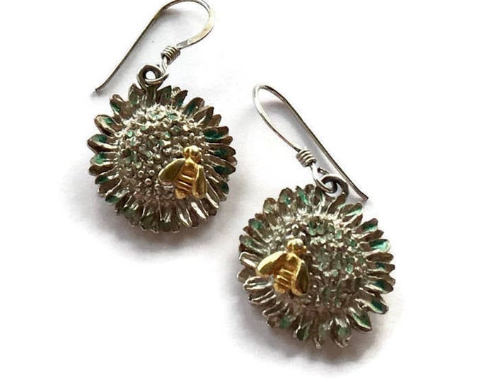 Sterling Sunflower Dangle Earrings Gold Tone Bee Green Enamel Vintage