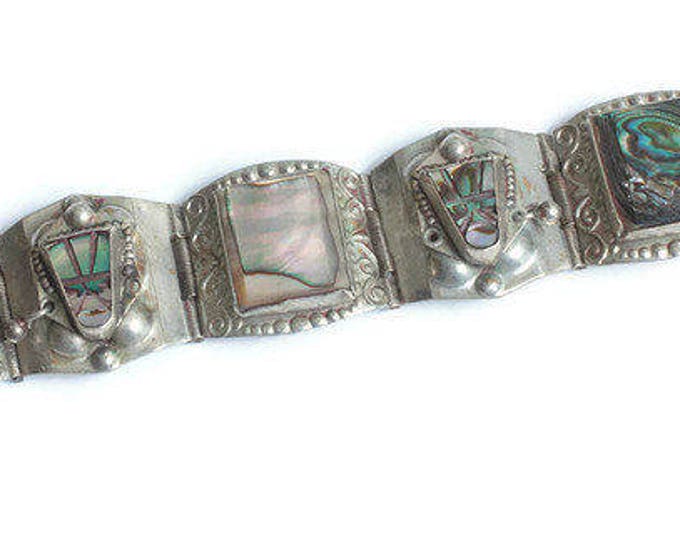 Mexican Face Mask Abalone Bracelet Alpaca Silver Metal Tribal Boho Eagle Mark