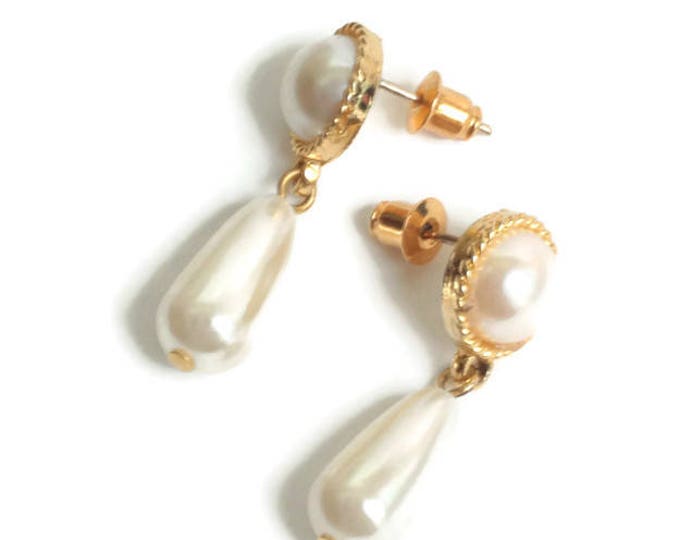 Faux Pearl Drop Dangle Earrings Posts Gold Tone Bridal Wedding Vintage