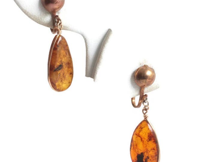 Vintage Amber Drop Dangle Earrings Clip On