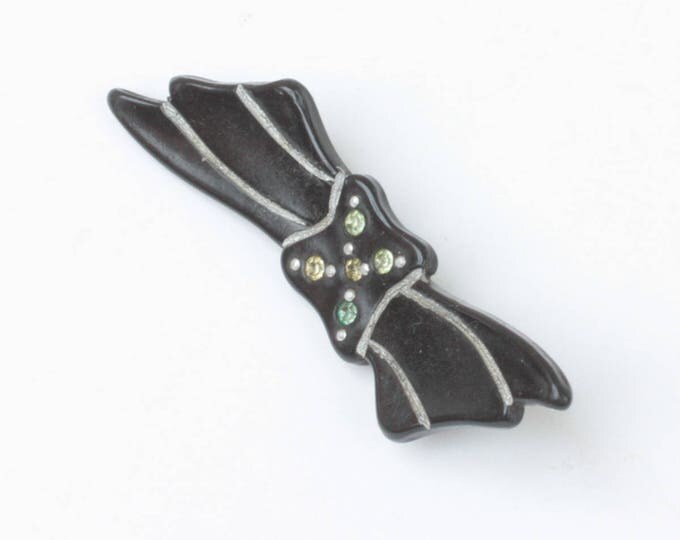 Art Deco Black Celluloid Pin Bow Shape with Rhinestones Etched Design Vintage