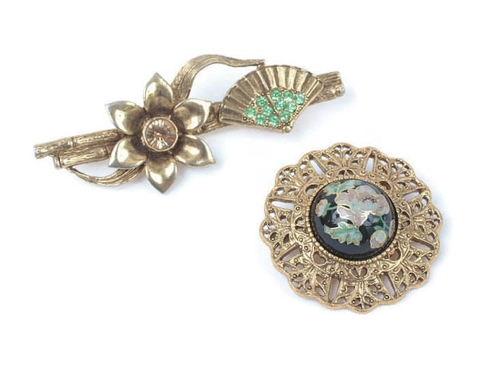 Asian Fan Cloisonne Brooch 2 Piece Lot 1928 Jewelry Company Vintage