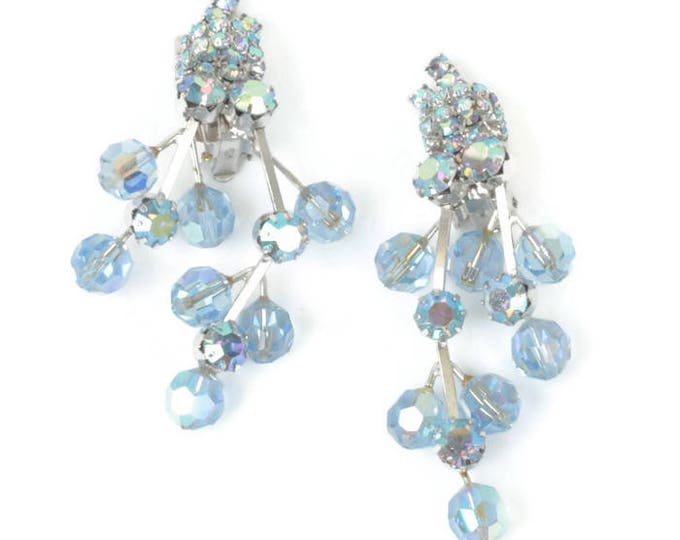 Blue AB Crystal Dangle Earrings Rhinestones Chandelier Wedding Something Blue Vintage