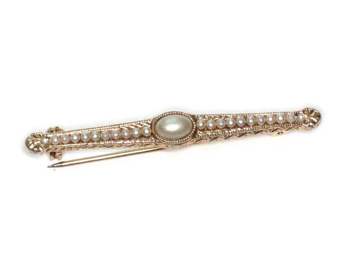 Faux Pearl Bar Pin Gold Tone Victorian Revival Vintage