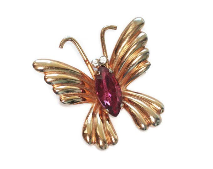 Small Dark Pink Rhinestone Butterfly Pin Signed Coro Vintage
