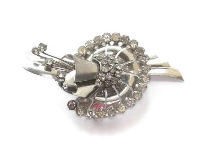 Retro Moderne Sterling Brooch Clear Rhinestones Diamante 1940s Vintage