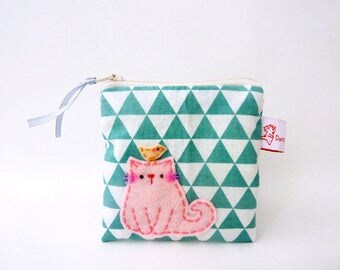 coin purse, cat coin purse, geometric pouch, cat zipper pouch, small change purse, cat wallet, mint, coin pouch, cat pouch, pouch