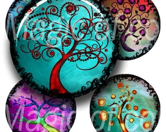 Stylized Curl Colourful Trees - 63 1 Inch Circle JPG images - Digital Collage Sheet