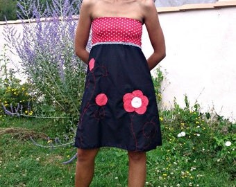 Red and black Haziel bustier dress and polka dot flower