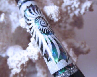 FNS - The "Princess Eve" Seashell Stick with an Inset African Blackwood Inlaid with Natural and Blue Paua Shell, MOP and Silver EPE