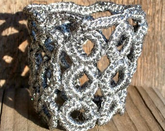 Crochet Bracelet Silver Yarn Circles Cuff Handmade Mother Wife Daughter Girlfriend 8 Inches Wife Birthday Anniversary Metallic Ready to Ship