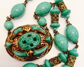 CIJ SALE Christmas JULY Art Nouveau Czech Peeking Glass Brass Vintage Antique Necklace Singed