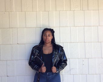 Vintage 1990s black vinyl shiny motorcycle jacket / cropped motorcycle jacket / 1990s vegan leather jacket size S