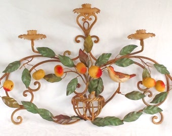 Vintage Italian Tole Candle Holder Sconce Fruit and Birds