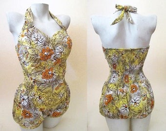 Adorable 1950's Designer swimsuit playsuit halter top with rhinestone accents by "Rose Marie Reid"of California Size Small