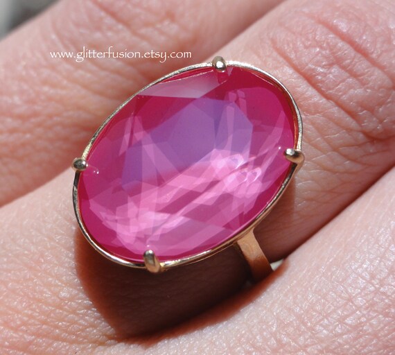 Peony Pink Swarovski Oval Crystal Statement Ring Pink Crystal