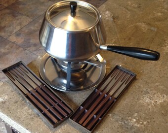 Vintage Swedish Fondue Pot Stainless Steel Inox 18/8 Switzerland VI Set with 8 Fondue Forks