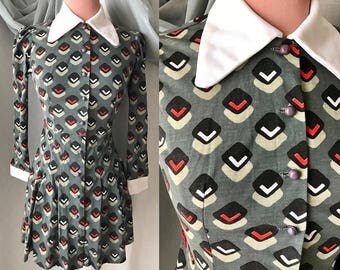 70s Mini Dress, Mod Geometric, Button Down, Peter Pan Collar, Flared Skirt, Vintage Dream