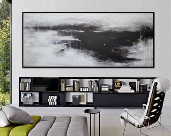 Extra Large Abstract Painting-original acrylic black white landscape square modern -timid showers- Elena