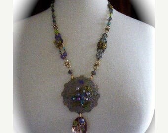Clearance Sale Pansies and Filigree OOAK Assemblage Pendant Necklace Neo-Victorian Style, Vintage Pansy Clasp and Findings in Pastels with C