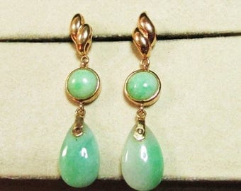 For Sale Vintage Estate 14KT Gold Apple Green Jade Drop Earrings
