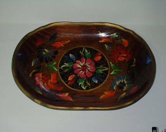 Vintage Hand Painted Mexican Bowl Batea Wood Shallow Bowl 14 x 9 x 2 Retro Ethnic Wooden Bowl 817