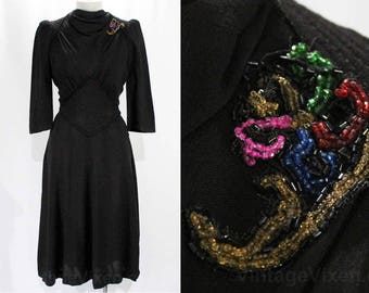 Size 8 1930s Dress - WWII Era 30s 40s Black Crepe with Sequined Cornucopia - Horn of Plenty - Trapunto Diamond Waist - Waist 28 - 49276