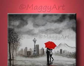 original painting,Seattle lover, kissing in rain, black white red,love couple,24x20 inch,on stretched canvas,great wedding gift