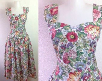 Vintage Tea Dress 80s Floral Dress Garden Party Dress Smocked Bodice Dress Stretch Bodycon Dress USA Made Tropical Floral Dress S small
