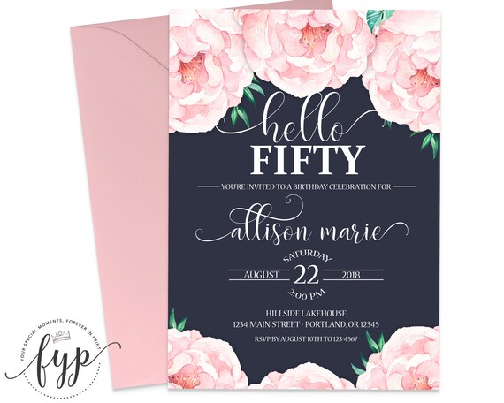 50th Birthday Invitation - 50th Birthday For Her - Fifty Birthday Invitation - Milestone Birthday - 16th - 40th - 60th - Navy and Pink Il_570xn