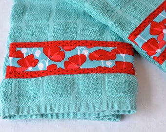 Turquoise Kitchen Decor, Free Shipping... 2 Hand Decorated Towels, Set of Two Cotton Turquoise and Red Tea Towels, Lovely Aqua Dish Cloths