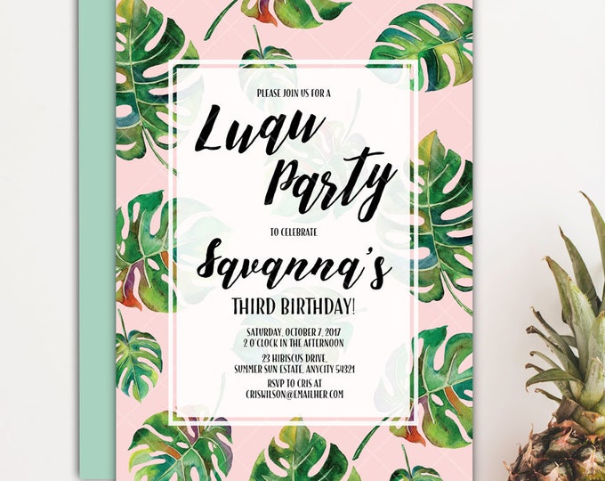 Tropical Palm Leaves Green and Pink Aloha Luau Hawaiian It's a Girl Baby Shower Printable Invitation v.2