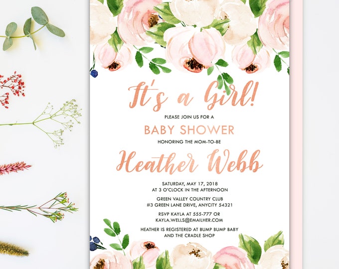 Blush Pink Flowers and Rose gold Baby Shower Invitation, Blush Pink Floral Garden Party Invitation, Rosegold, Printable Invitation