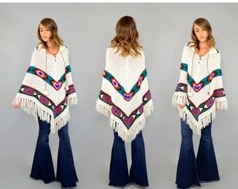 SUMMER SALE 70's Geometric Fringed Poncho W/ Pom Poms