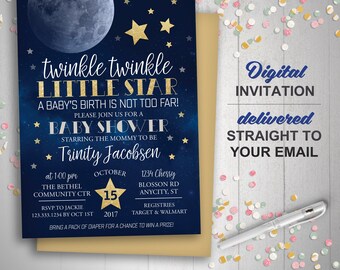 Moon & stars baby shower invitation, twinkle twinkle little star first birthday, Printable Invitation, Over the moon, Little Moon, Galaxy