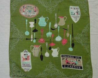 Vintage Hanky Handkerchief Signed Pat Pritchard Early American Graphics, Green