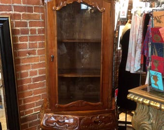 Handsome French Country Botanical Carved Wood Armoire or Vitrine With Drop Shelving