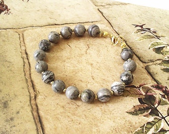 Bracelet Pierre de Jaspe paysage gris 16 perles 8 mm / Laiton doré - Gray jasper Bracelet Gold plated brass