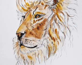 lion dessin à l'encre, animaux, fauves, nature , original signé