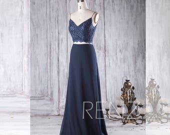 2017 Navy Bridesmaid Dress, V Neck Wedding Dress, Two Piece Prom Dress, A Line Chiffon Maxi Dress Backless Floor Length (H312)