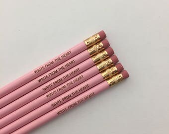 write from the heart. 6 engraved pastel pink pencils. back to school supplies.
