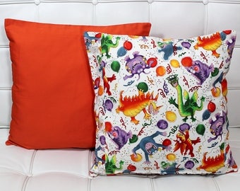 Pillow Cover, 15x15 inch, Orange Solid Front, Party Animals on Back, Zipper Closure on back panel, Throw Pillow Cover, Birthday Throw Pillow
