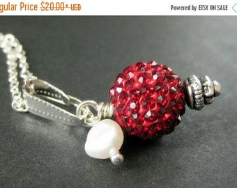 BACK to SCHOOL SALE Red Kissing Ball Necklace. Red Necklace. Red Rhinestone Necklace with Fresh Water Pearl. Handmade Jewelry.