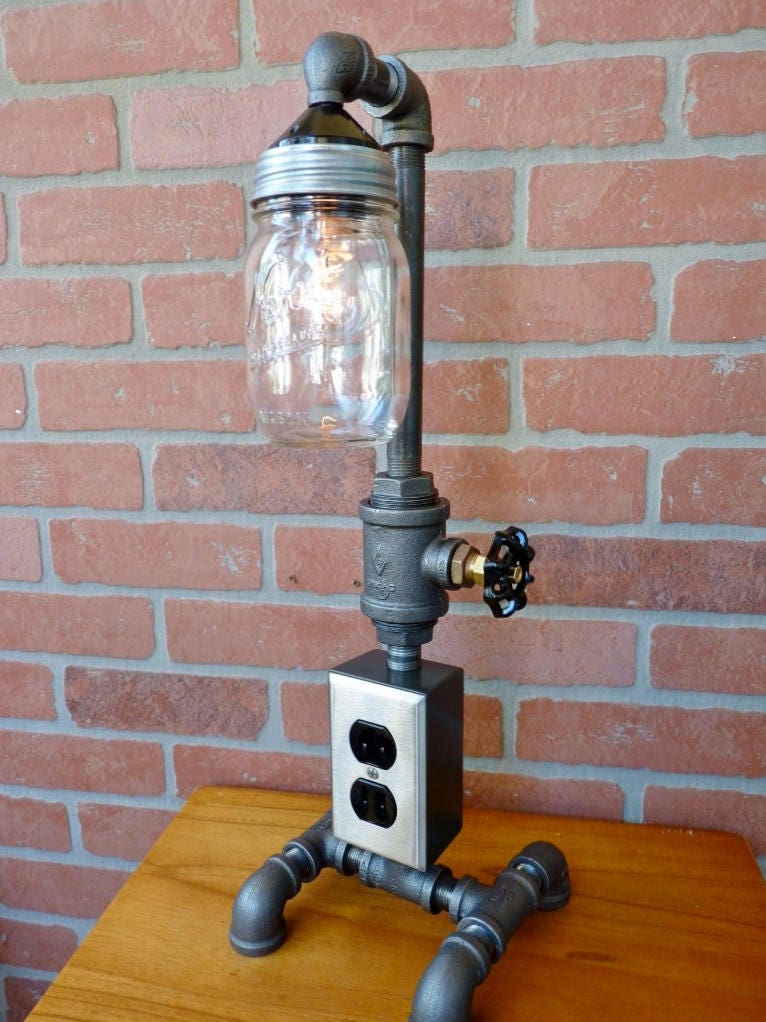 FAUCET HANDLE DIMMER Pipe lamp with mason jar water faucet