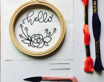 Hello + Flowers Embroidery Kit DIY Modern Embroidery